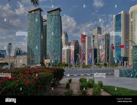 Doha Skyline In West Bay District Doha Qatar Sunset View With The