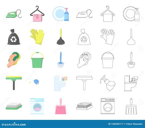 Cleaning And Maid Cartoon Outline Icons In Set Collection For Design