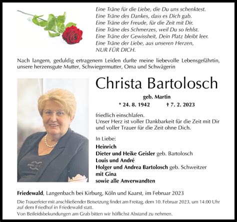 Traueranzeigen Von Christa Bartolosch Rz Trauer De