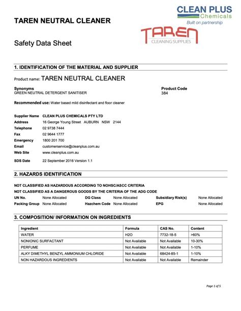 Safety Data Sheets Taren Cleaning Supplies