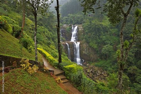 Beautiful Ramboda waterfall landscape in Sri Lanka. Ramboda Falls near Nuwara Eliya is 109 m ...