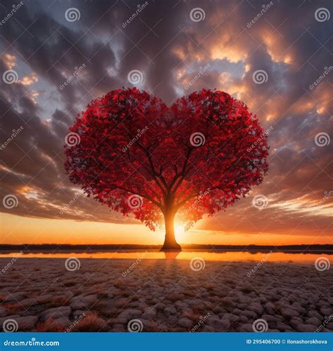 Red Heart Shaped Tree On Sunset Ai Generated Stock Photo Image Of