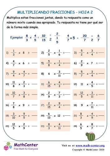 Multiplicar Fracciones Hoja 2 A Hojas De Trabajo Math Center