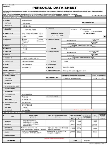 Cs Form No 212 Revised Personal Data Sheet New Pdf Passport