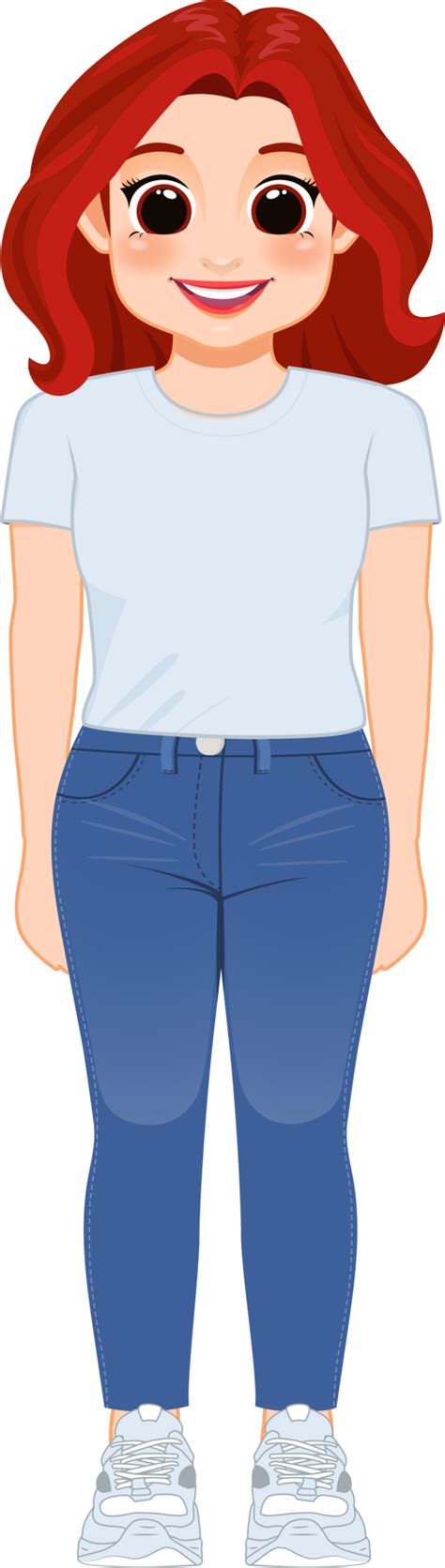 Cartoon character girl in white shirt and blue jeans smiling 23984916 PNG