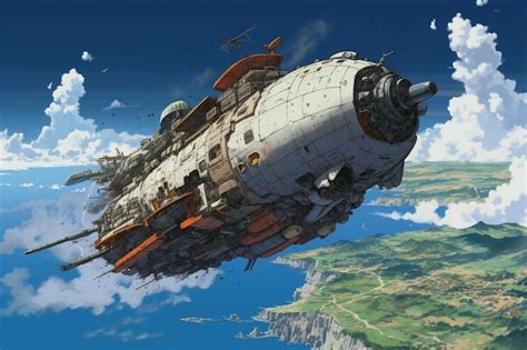 Premium Photo | Anime scene of a futuristic flying ship in the sky with ...