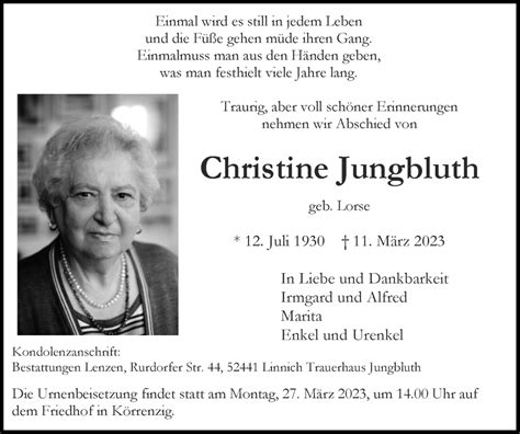 Traueranzeigen Von Christine Jungbluth Aachen Gedenkt