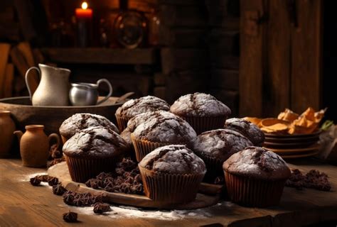 Muffins De Chocolate Caseros Servidos En Una Mesa Tradicional Foto