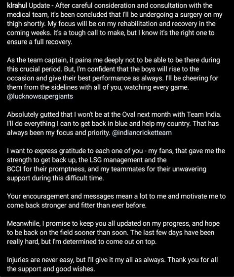 KL Rahul gives an update about his injury on his Instagram handle : r ...