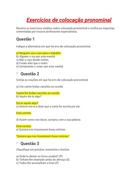 Exercícios de Colocação Pronominal | PDF | Linguística