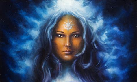 Spiritual Painting Woman Goddess With Long Blue Hair Holdingn E