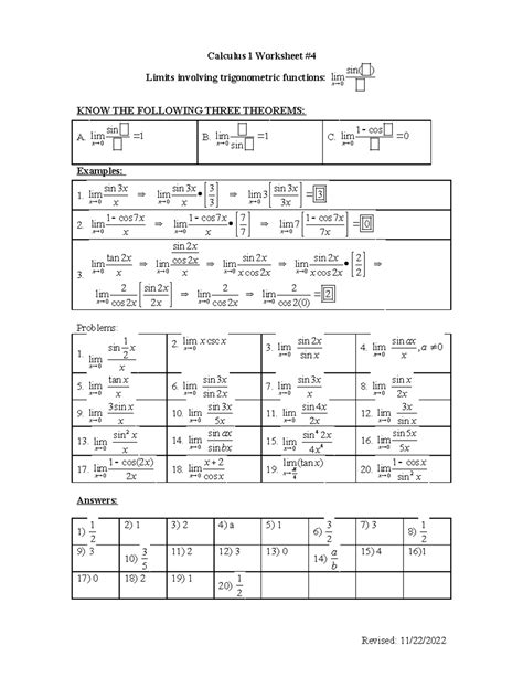 Ab Ws 004 Limits Of Trig Functions Calculus 1 Worksheet Limits