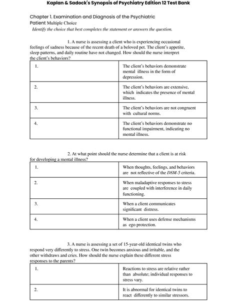 Solution Test Bank For Kaplan Sadock S Synopsis Of Psychiatry Th