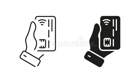 Hand Holds Credit Card Line And Silhouette Icon Set Debit Card