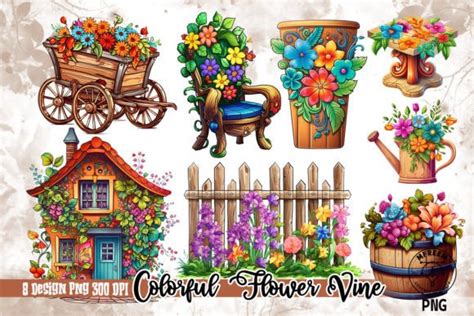 Colorful Flower Vine Watercolor Clipart Graphic by mfreem · Creative ...