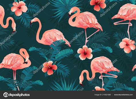 Beautiful Flamingo Bird Tropical Flowers Background Seamless Pattern