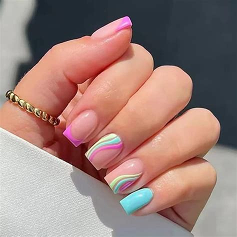 24 Pcs Press On Nails Short Square False Nails Swirl Colorful Fake Nails Glossy French Stick On