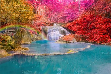 Wonderful Waterfall With Rainbows Nature Photos Creative Market