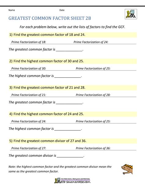 Greatest Common Factor Worksheet Page