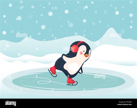 Penguin cartoon. Penguin ice skates on ice skating rink in the winter ...