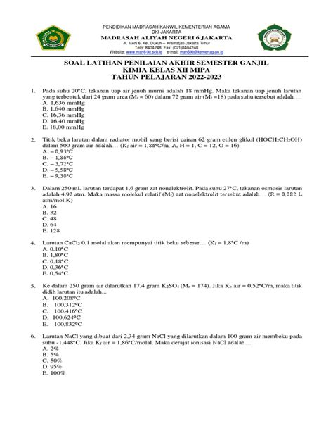 Soal Latihan Pas Kimia Xii Semester Ganjil 2022 2023 Pdf