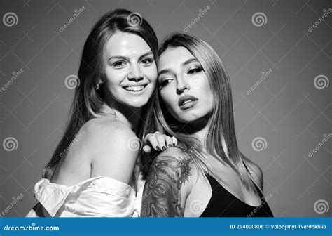 Portrait Of Beautiful Lesbian Couple Hugging Romantic Girl Friend