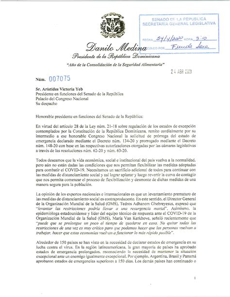 Presidente Danilo Medina solicita al Congreso extensión del estado de