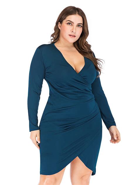 Kenancy Women Plus Size Deep V Neck Irregular Bodycon Dress Full Sleeve