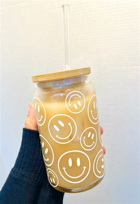 Smiley Face Glass Iced Coffee Cup Oz With Bamboo Lid And Etsy