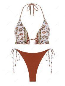 ZAFUL Reversible Ethnic Floral Print Ruffle Halter String Bikini