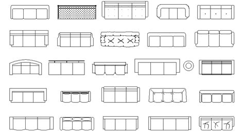 Librerías de Bloques AutoCAD sofás en planta de 3 plazas