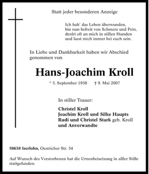 Traueranzeigen Von Hans Joachim Kroll Trauer In NRW De