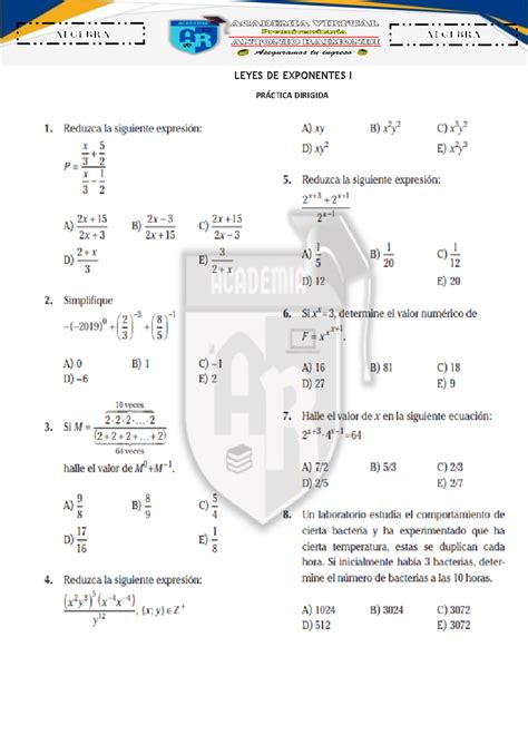 Álgebra Leyes DE Exponentes I Álgebra Lineal Para LEYES DE