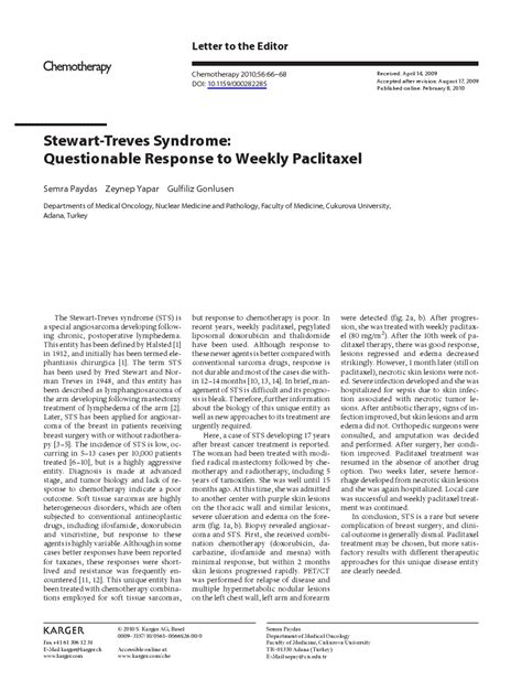 Stewart Treves Syndrome Questionable Response To Weekly Paclitaxel