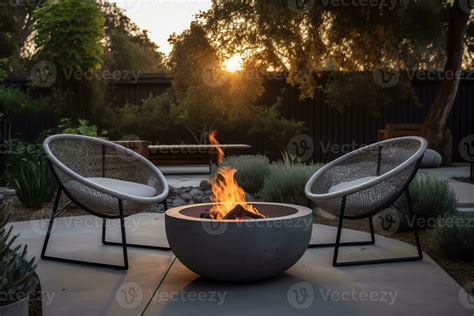 Outdoor backyard fire pit with grey modern furniture outdoor chairs ...