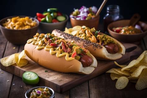 Гурманский гриль говяжий хот-дог с боками и чипсами вкусные и простые ...