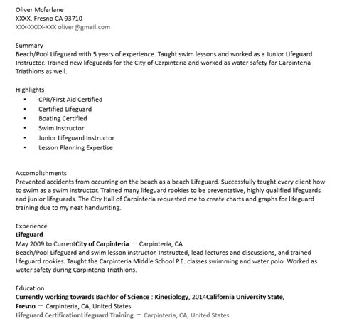 9 Lifeguard Resume Sample Template Business Psd Excel Word Pdf