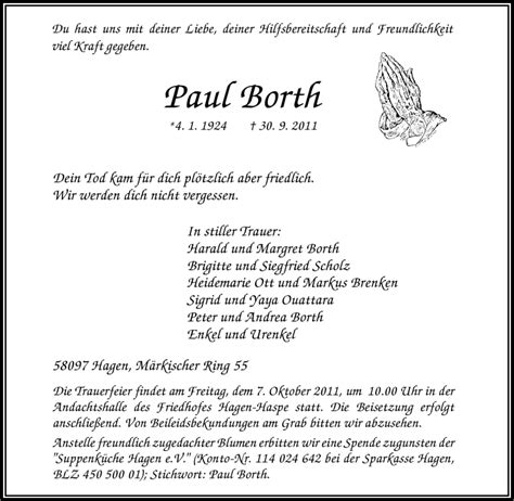 Trauer Und Todesanzeigen Von Paul Borth Trauer De