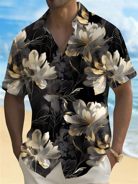 Royaura Beach Vacation Men S Hawaiian Shirt Black Gold Floral Print