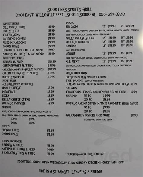 Scooters Menu In Scottsboro Alabama Usa