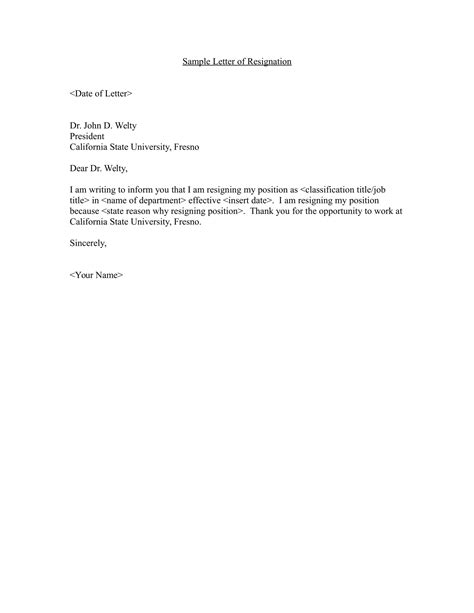 Free Sample Letter Of Resignation Template