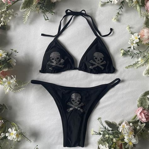 Y2k Emo Black Silver Studded Skull Bikini Set Depop