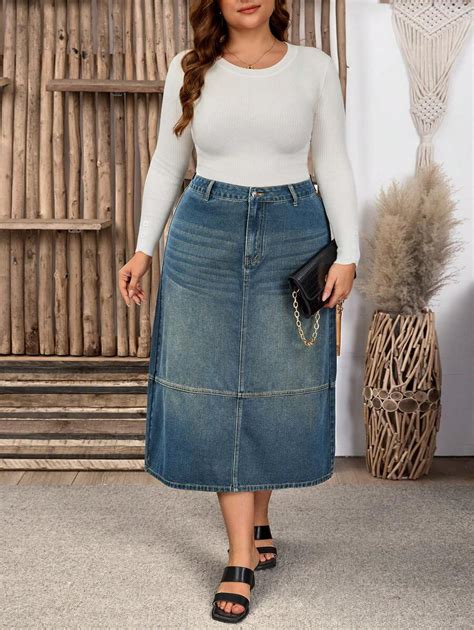 Shein Lune プラスサイズ カジュアル ウォッシュ加工 ビンテージデニム ミニスカート Shein Japan