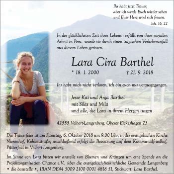 Traueranzeigen Von Lara Cira Barthel Trauer In NRW De