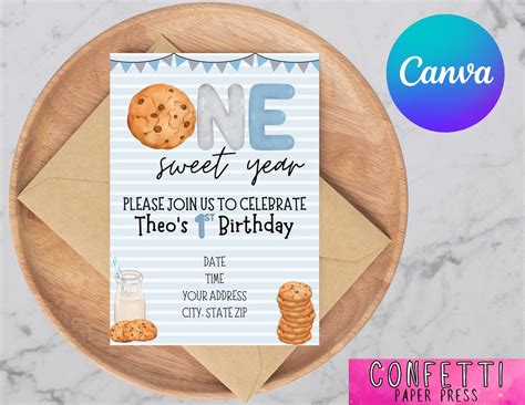 Editable Milk And Cookies One Sweet Year Personalized Invitation First