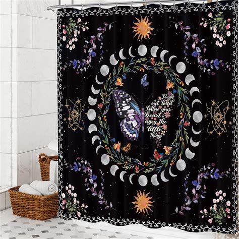 Witchy Moon Phase Shower Curtain 72x72 Aesthetic Hippie Black Shower