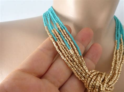 Turquoise And Gold Necklace Seed Bead Necklaceknot Turquoise Etsy