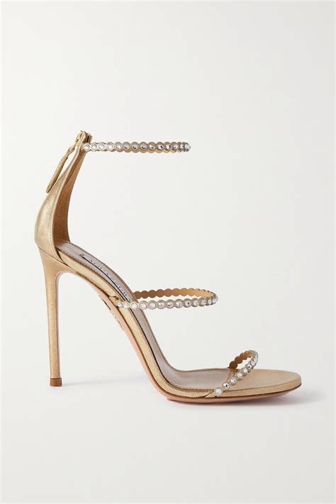 Aquazzura Mini Tequila 105 Crystal Embellished Metallic Leather Sandals