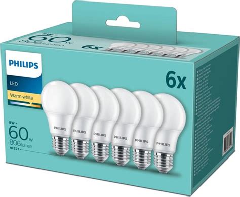 Philips LED E27 8W 60W Warm Wit Licht Niet Dimbaar 6 Stuks Bol