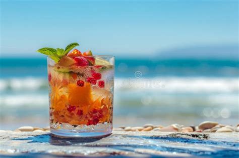 Tropical Fruit Cocktail In Glass Served On Sandy Beach For A Refreshing